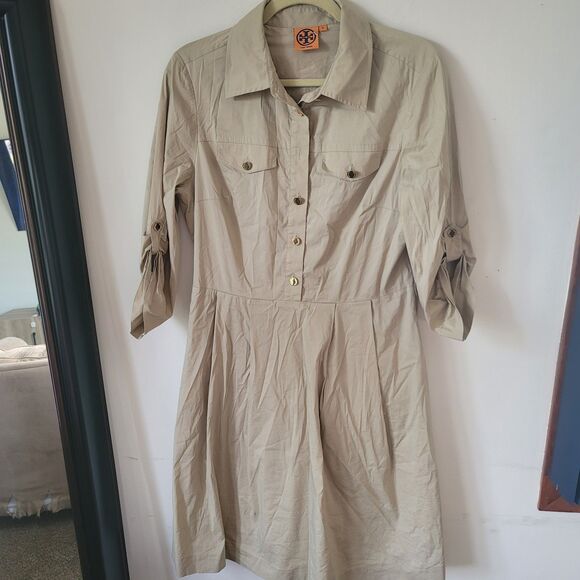 Tory Burch Blythe Khaki Safari Style Shirt Dress Size 12 A line button down - Picture 2 of 10